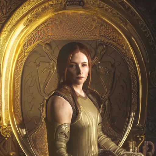 Image similar to the elder scrolls vi, charismatic regal humble brunette female jarl, portrait, throne room, atmospheric lighting, painted, intricate, volumetric lighting, beautiful, daytime, sunny weather, slight overcast, sharp focus, deep colours, ultra detailed, by leesha hannigan, ross tran, thierry doizon, kai carpenter, ignacio fernandez rios