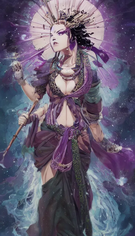 Image similar to tribal priestess, female figure, kimetsu no yaiba, tori, cosmos, galaxy, purple, opalescent ，magical ， symmetrical, dark fantasy, detailed intricate , soft design， atmosphere，by Peter Mohrbacher and Kentaro Miura， high details, artstation, cinematic lighting, epic vibe, epic concept art, photorealistic, environment, volumetric lighting, super wide angle, ultra wide angle