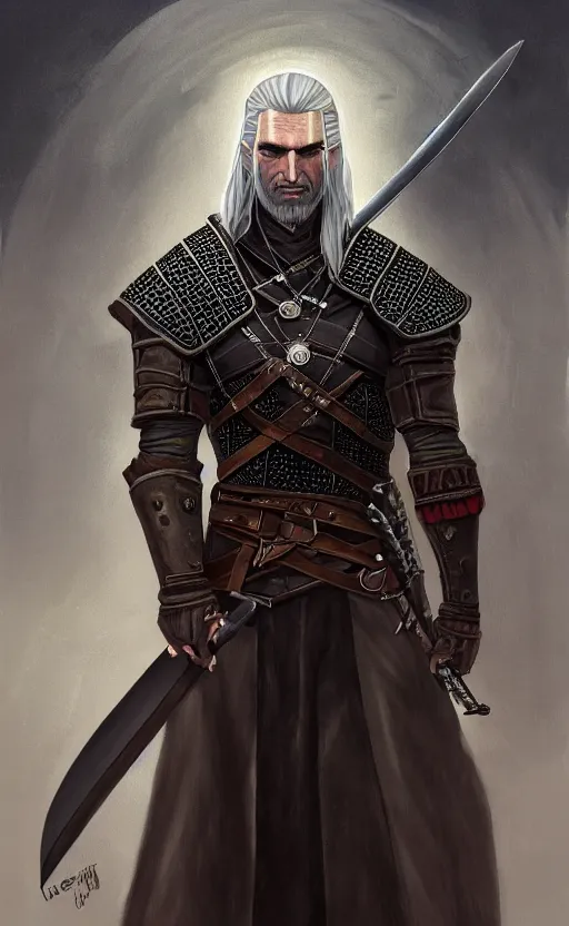 Image similar to an oil drawing of a witcher vampire with great sword in his hand, a character portrait by muggur, disco elysium character, featured on deviantart, fantasy art, concept art, official art, hd mod