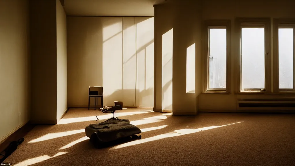 Image similar to a empty room with paintings on a wall, carpet on the floor, window with light coming through, nightstand in a corner, film still from the movie directed by Denis Villeneuve, wide lens