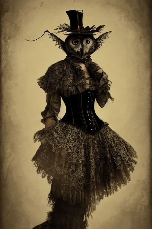 Prompt: wet plate photograph of an anthropomorphic owl dressed in a victorian - era corset dress, dramatic lighting, highly detailed, digital painting, artstation, concept art, smooth, sharp focus, illustration, art by wlop, mars ravelo and greg rutkowski