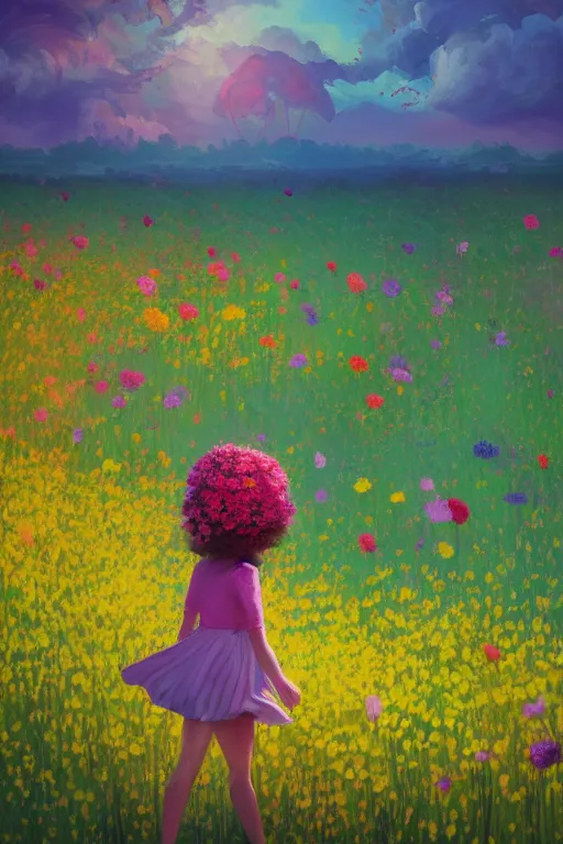 Image similar to giant flower head, girl walking in a flower field, surreal photography, sunrise, dramatic light, impressionist painting, colorful clouds, digital painting, artstation, simon stalenhag