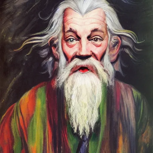 Prompt: a deliriously happy Gandalf Reeves, portrait oil painting by Otto Dix, oil on canvas (1921)