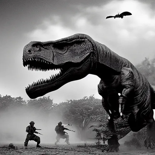 Prompt: t rex dinosaur fighting in the vietnam war alongside united states soldiers black and white photography realistic sharp focus