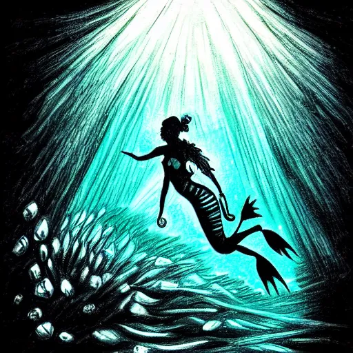 Image similar to old drawing of a scuba diver swimming with a beautiful mermaid underwater, under water scenery, dramatic lighting, intense, epic, realistic drawing