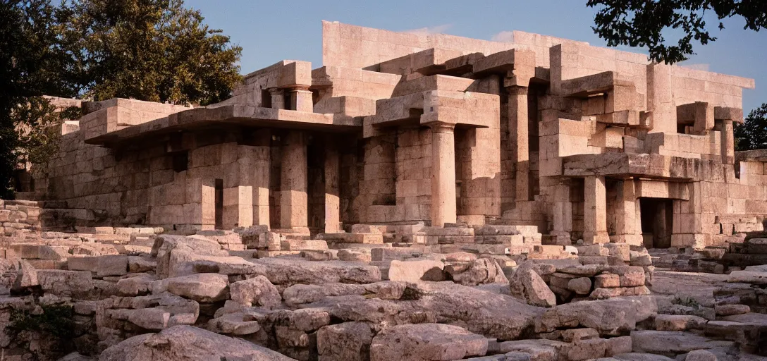 Image similar to ancient greek building designed by frank lloyd wright. fujinon premista 1 9 - 4 5 mm t 2. 9. portra 8 0 0.