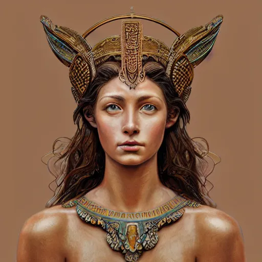 Image similar to hyperrealistic mixed media painting of beautiful goddess Athena, stunning 3d render inspired art by P. Craig Russell and Barry Windsor-Smith, perfect facial symmetry, dim volumetric lighting, 8k octane beautifully detailed render, post-processing, portrait, extremely hyper-detailed, intricate, epic composition, brown brown brown brown eyes, realistic realistic realistic eyes, cinematic lighting, masterpiece, trending on artstation, detailed detailed detailed, masterpiece, stunning