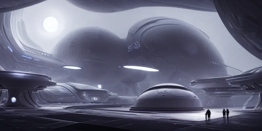 Image similar to futuristic space station 3 d concept art, cinematic lighting, intricate details, building by zaha hadid, light snow, soft atmosphere, pastel sunset, emissary space by arthur haas and bruce pennington and john schoenherr, cinematic matte painting, dark moody monochrome colors, trending on artstation, featured on behance