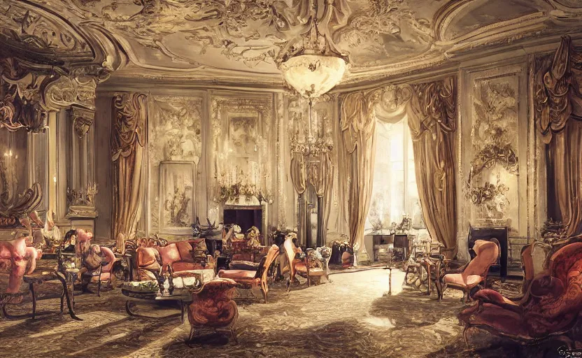 Prompt: realist rococo painting of a 1 9 2 0 s grand party in a beautiful mansion, many partygoers, strong contrast, unreal engine, hyper realism, realistic shading, cinematic composition, realistic render, octane render, detailed textures, photorealistic, ultrawide shot, 3 5 mm film