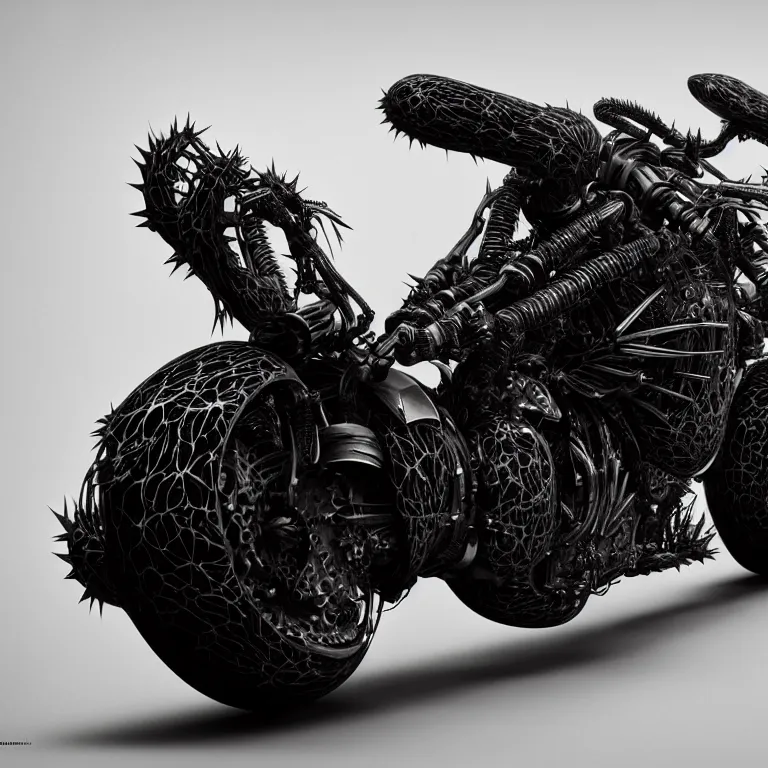 Image similar to spinal spiky ribbed black futuristic cyberpunk motocycle motorbike, concept art, beautiful intricate insanely detailed octane render, artstation, 8 k artistic photography, photorealistic, volumetric perfect light, chiaroscuro, raphael, caravaggio, beksinski, rutkowski, giger