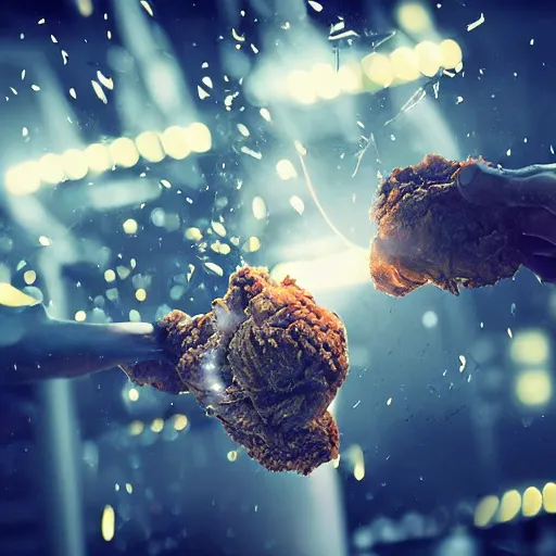 Image similar to fried chicken shooting with rockets, sci fi epic digital art, volumetric lighting, intricate detail, smooth, foggy, bokeh, futuristic