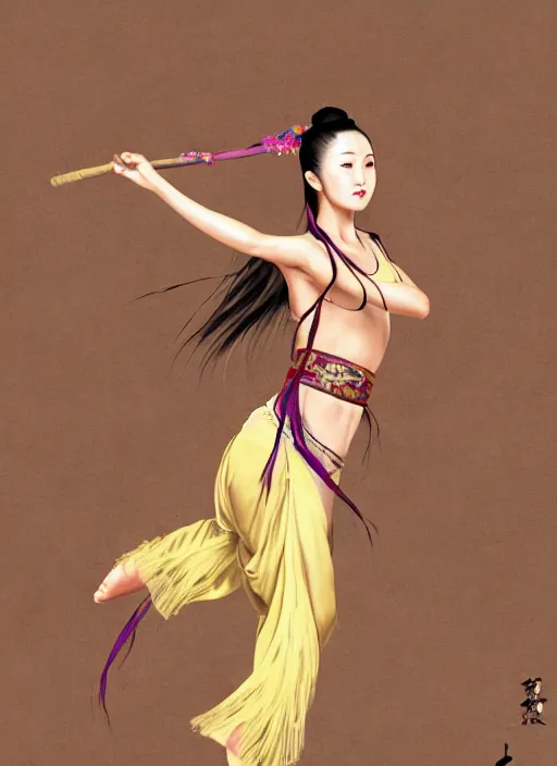 Image similar to a barefoot female dancer using a silk belt as weapon, wuxia, xianxia, barefoot, tanned skin, athletic, vivacious, absurdly beautiful, hanfu, fully clothed, chinese ribbon dance, silk belt, scorpion whip, detailed, realistic, anatomically accurate, in the style of wlop on artstation, wang liang.