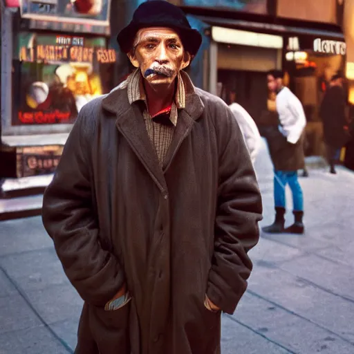 Prompt: closeup portrait of a man in hustle coat selling hotdogs from his jacket in a smoky new york back street, by Annie Leibovitz and Steve McCurry, natural light, detailed face, CANON Eos C300, ƒ1.8, 35mm, 8K, medium-format print