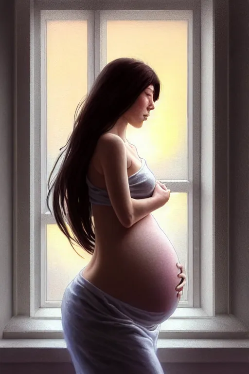 Prompt: ** one pregnant peacefull cryogenic young woman looking by window outside, sunset time, , dynamic pose , armor elements , long dark hair, beautiful bone structure, symmetrical facial features, intricate, elegant, digital painting, concept art, smooth, sharp focus, illustration, by Ruan Jia and Mandy Jurgens , and mucha, and Artgerm and William-Adolphe Bouguerea