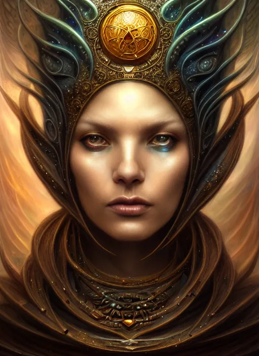 Image similar to closeup portrait shot of a cosmic sorceress in a scenic dystopian environment, intricate, elegant, highly detailed, centered, digital painting, artstation, concept art, smooth, sharp focus, illustration, artgerm, tomasz alen kopera, peter mohrbacher, donato giancola, joseph christian leyendecker, wlop, boris vallejo