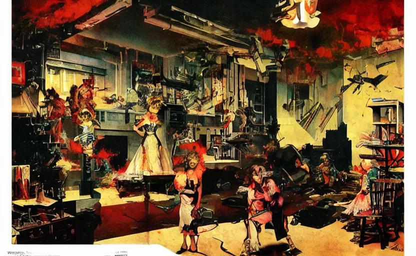 Prompt: exploding doll house. highly detailed science fiction painting by norman rockwell, frank frazetta, and syd mead. rich colors, high contrast, gloomy atmosphere, dark background. trending on artstation