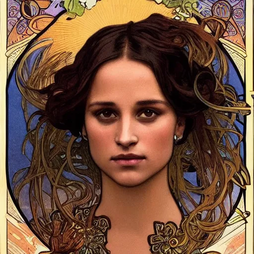 Prompt: alicia vikander portrait by louis - theophile hingre and alphonse mucha, realistic, sharp focus, zodiac signs, tarot cards, planets, ethereal, art nouveau, magic, moon, sun, crown, dreamy, royal, jewellery