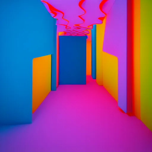 Image similar to : 2 point perspective colorful abstract melty sculpture on the wall in modern architecture, cinematic lighting, hyper - realistic, detailed, render by c 4 d octane, unreal engine, 8 k 3 d render