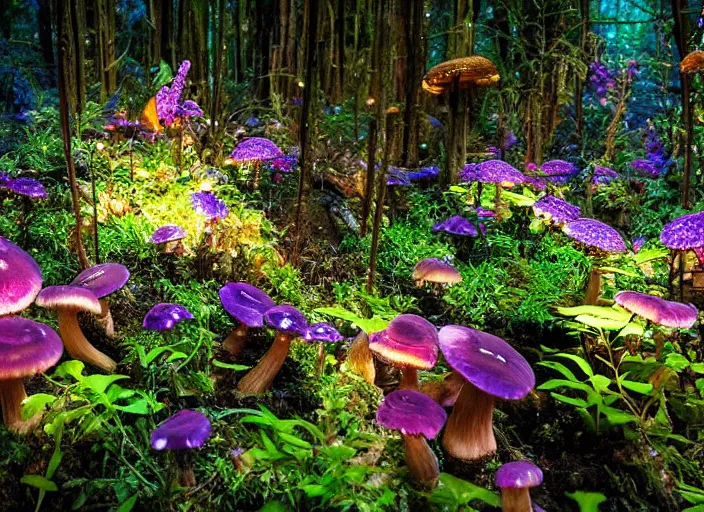 Image similar to glowing delicate flower and mushrooms that grow in a dark fatansy forest on the planet Pandora,