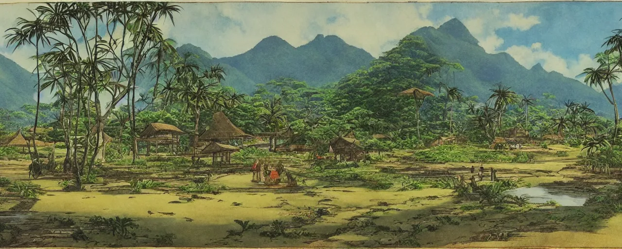 Image similar to a 2D drawing of a beautiful Philippine Rural Town landscape, majestic and exotic, by hiroshi yoshida