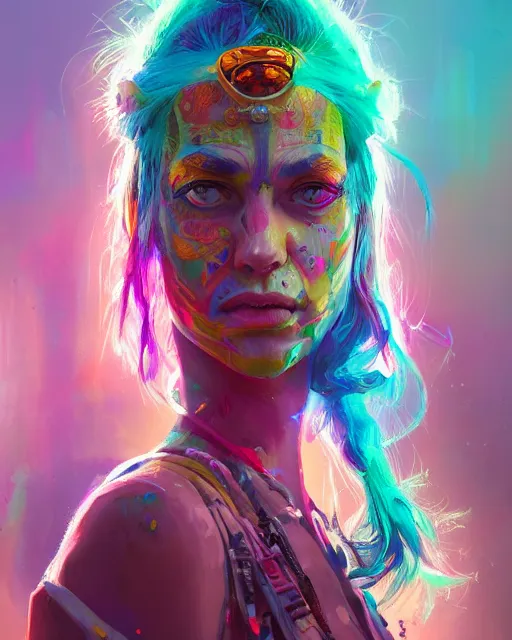 Image similar to colorful character portrait of a female hippie, set in the future 2 1 5 0 | highly detailed face | very intricate | symmetrical | cinematic lighting | award - winning | painted by mandy jurgens | pan futurism, dystopian, bold colors, cyberpunk, groovy vibe, anime aesthestic | featured on artstation