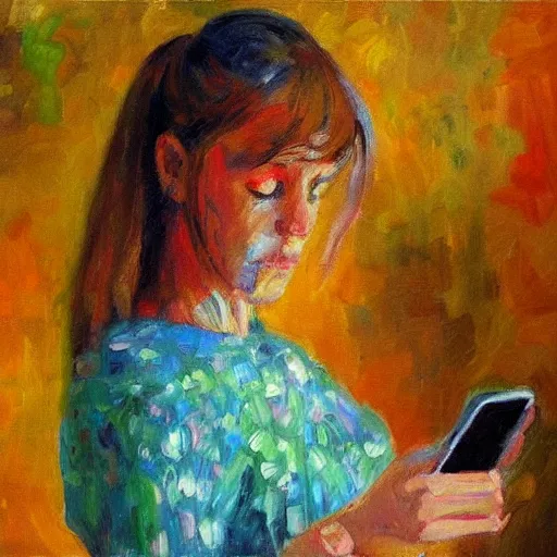 Prompt: a vivid impressionistic painting portrait of a bored woman, she is holding a smartphone, oil on canvas, trending on artstation