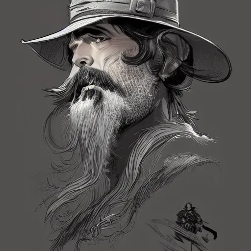 Image similar to very detailed vector art bearded gunslinger, painted fantasy character portrait, headshot, fantasy, highly detailed, digital painting, artstation, concept art, sharp focus, illustration, art by the golden age of American illustration archive, simon bisley and frank frazetta, artgerm and greg rutkowski and alphonse mucha