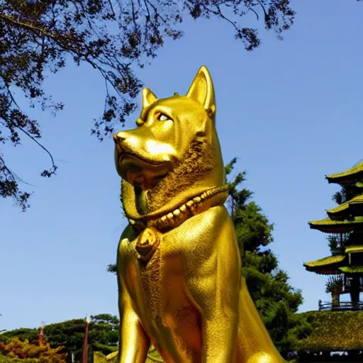 Image similar to A golden statue of an akita ken, shiny, flowers, royal, temple, holy
