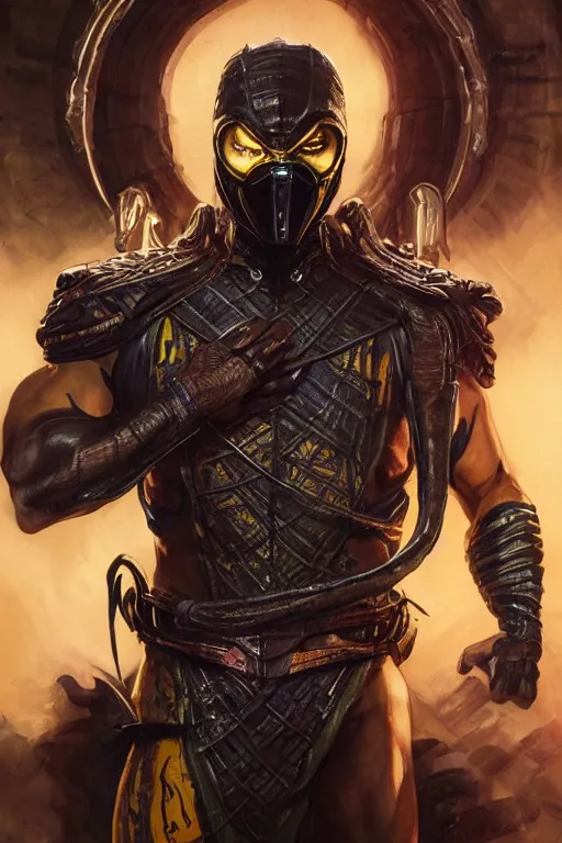 Image similar to ultra realistic illustration, scorpion from mortal kombat dressed like a wakandan warrior, hacknaut cyberpunk, sci - fi, fantasy, intricate, elegant, highly detailed, digital painting, artstation, concept art, smooth, sharp focus, illustration, art by artgerm and greg rutkowski and alphonse mucha