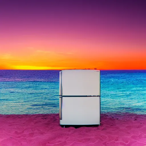 Prompt: purple refrigerator on red sand beach, green ocean and nebula sunset