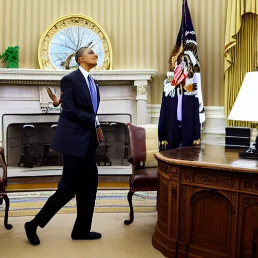 Prompt: photo of president obama in the oval office fighting a man dressed in a swiss cheese costume