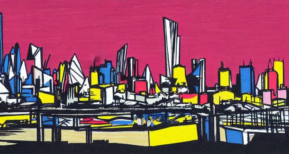 Image similar to color sketch of the london skyline, highly detailed, dramatic lighting, intense shadows, rich deep colours, by roy lichtenstein