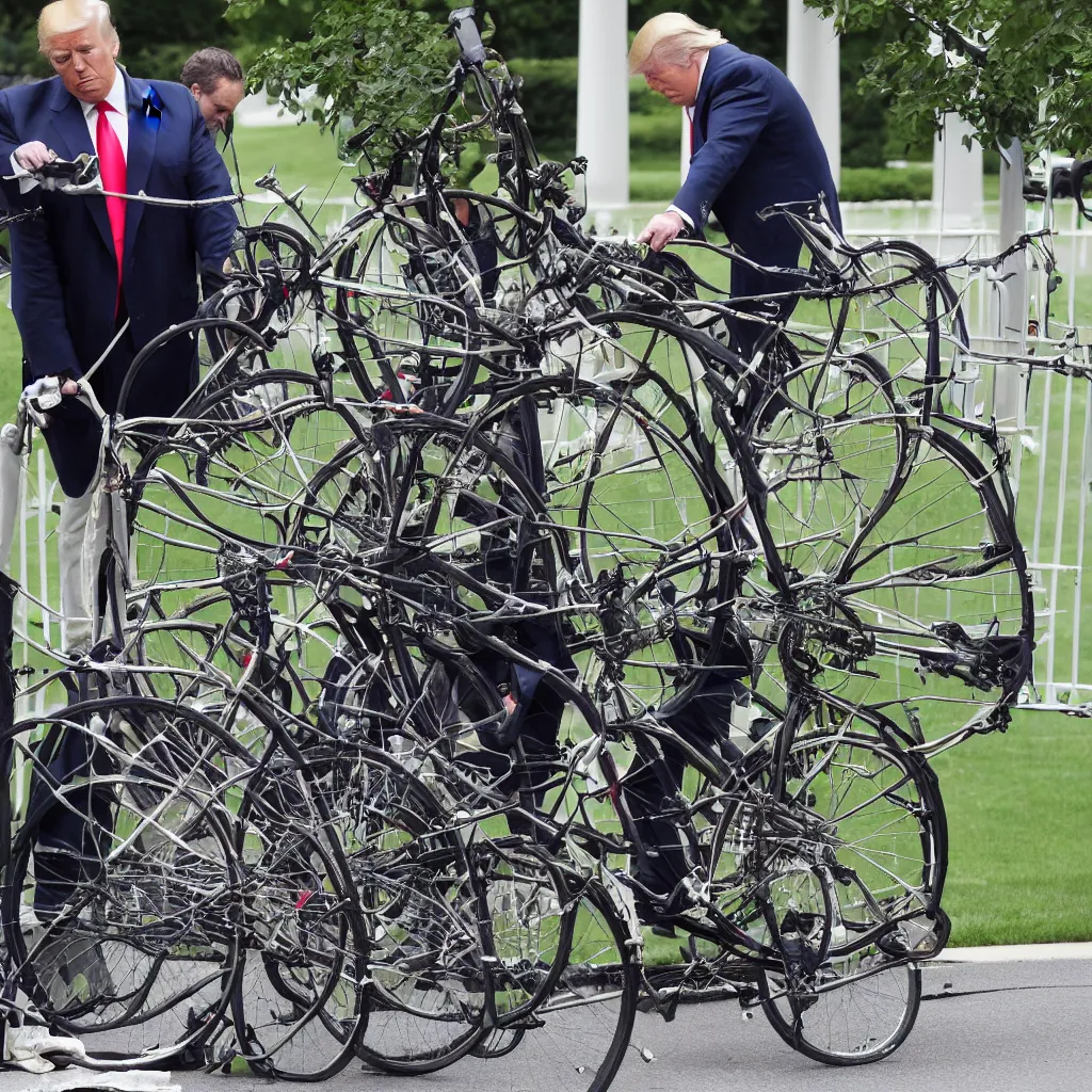 Image similar to trump repairs his bicycle outside the white house