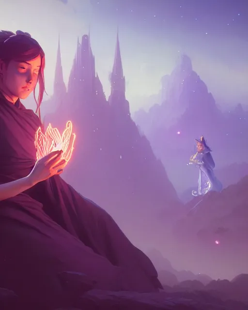 Image similar to highly detailed vfx portrait a mage casting a spell, stephen bliss, unreal engine, sigils greg rutkowski, loish, rhads, beeple, makoto shinkai and lois van baarle, ilya kuvshinov, rossdraws, tom bagshaw, alphonse mucha, global illumination, detailed and intricate environment