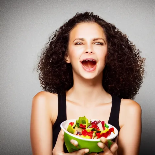 Prompt: happy woman eating salad, stock photograph, studio lighting, 4k, beautiful symmetric face, beautiful gazing eyes