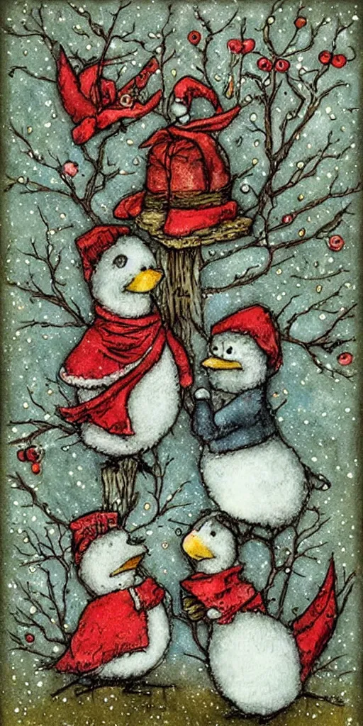 Prompt: a christmas card birds scene by alexander jansson
