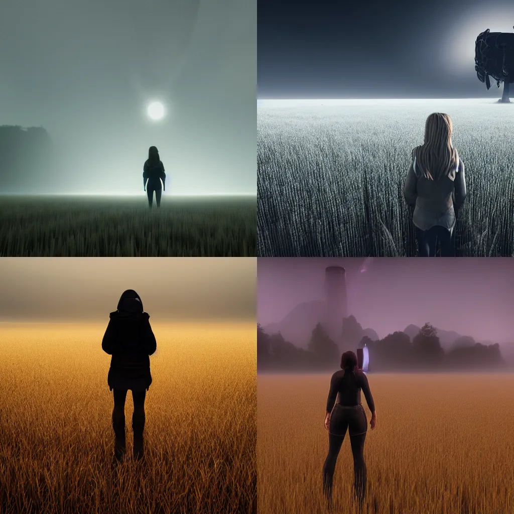 Prompt: woman looking at an ominous large object in the middle of a misty wheat field at night, unreal engine, halo, 4k, trending on artstation, bright lights