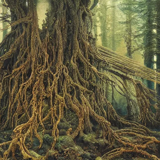 Image similar to a beautiful and highly detailed oil painting of an ancient forest, intricate details, epic scale, insanely complex, 8 k, sharp focus, hyperrealism, fantasy landscape, psychedelic, by caspar friedrich and brian froud,