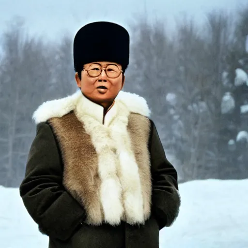 Image similar to filmstill of Kim Jong-il wearing a furry chapka and playing the role of Omar Sharif in Doctor Zhivago by David Lean, 1965, cinemascope, Eastman Color Negative 50T 5251 Neg. Film, epic romance