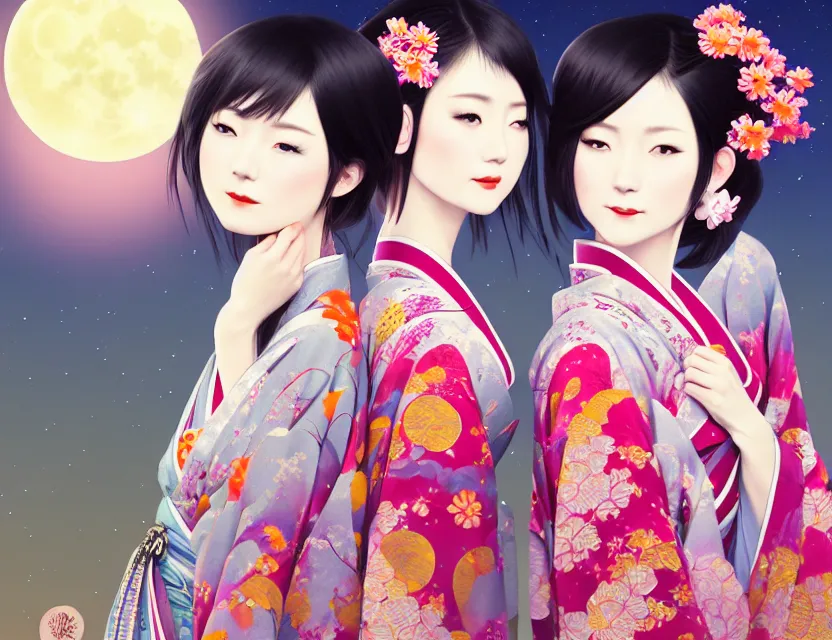 Image similar to two beautiful charming japan girls wear arty kimono in festival | | sunny night, full moon, dreamlike art, realistic shaded, smile, good looking, hyper details, 4 k realistic, cryengine, realistic shaded lighting poster by ilya kuvshinov, fuji choko, ross tran, 8 k resolution, trending on artstation, luxury