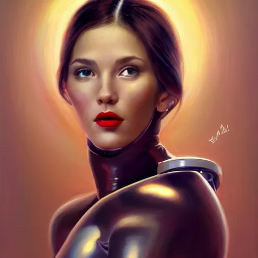 Prompt: a portrait of a very beautiful woman in a spacesuit with a thin scar across her left cheek, brown eyes, shoulder-length brown hair, deep red lips, bored, illustration, soft lighting, soft details, painting oil on canvas by mark arian by artgerm, trending on artstation, 4k, 8k, HD