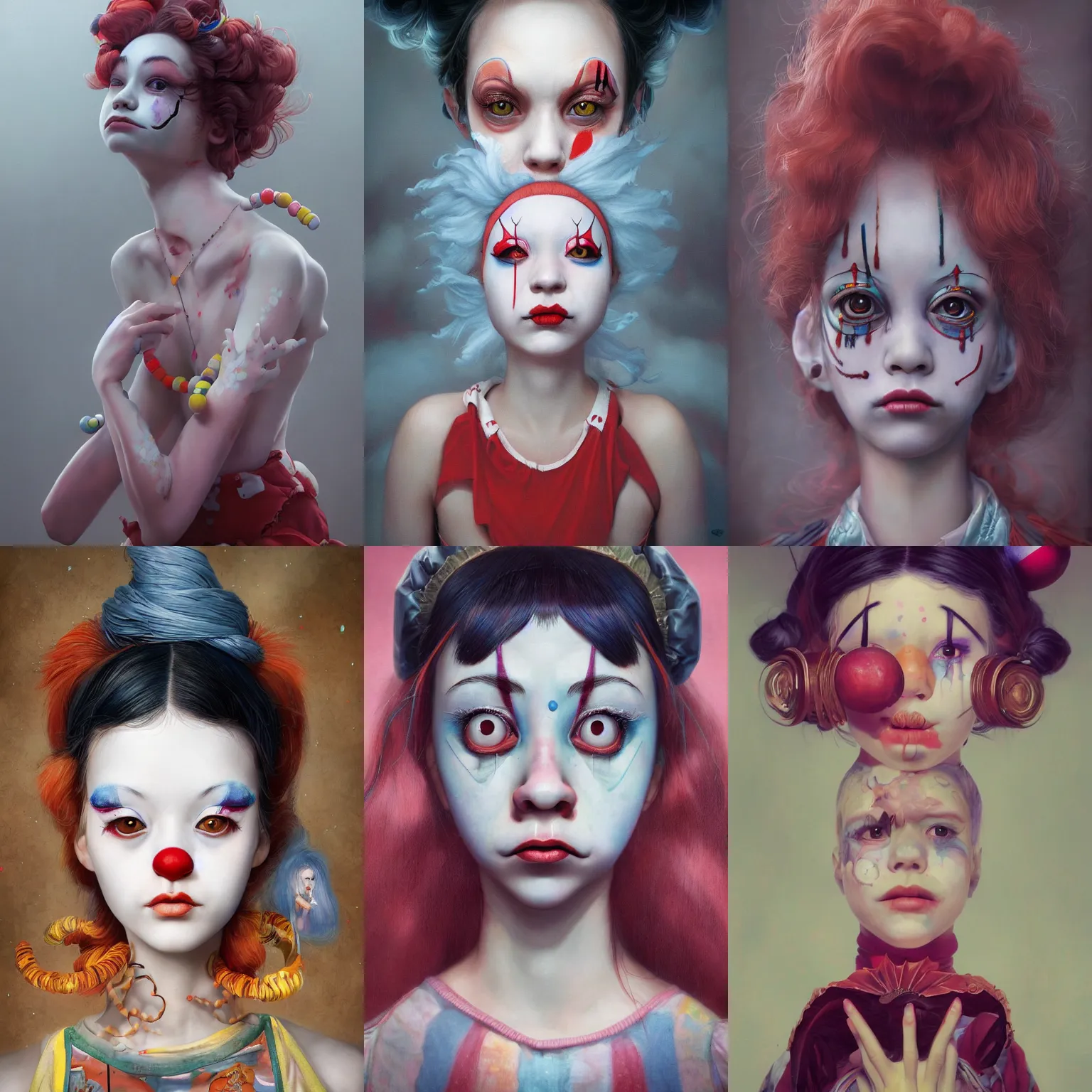 Image similar to breathtaking detailed painting of clown girl , with anxious, piercing eyes, Atari game cover art by Hsiao-Ron Cheng, James jean, Miho Hirano, Hayao Miyazaki, extremely moody lighting, hyperrealistic, octane render, RPG portrait, ambient light, dynamic lighting