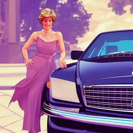 Image similar to Princess Diana standing next to a Mercedes-Benz W140, highly detailed, digital painting, artstation, concept art, smooth, sharp focus, illustration, art by artgerm and alphonse mucha, high definition digital art, in the style of Ross tran and ilya kuvshinov