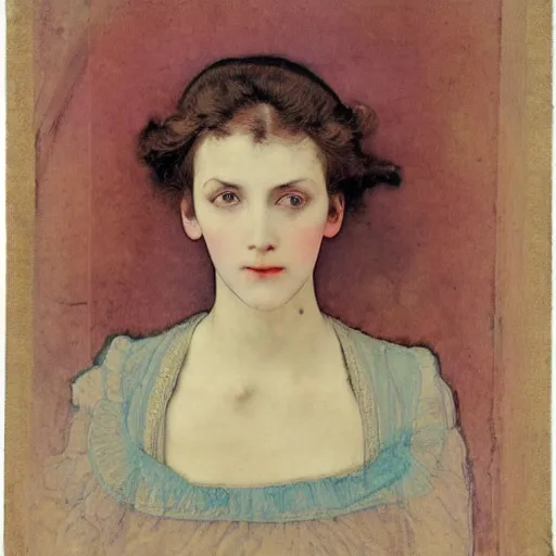 Prompt: portrait of a beautiful young lady with silver eyes, colored daguerreotype by pontormo, by schiele, by mucha, by Mackintosh, art noveau, liminal, Bright pastel colors