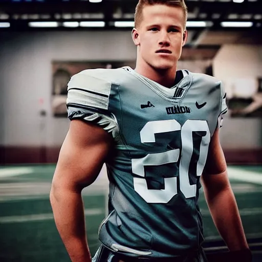 Image similar to “ a realistic detailed photo of a guy who is an attractive humanoid who is half robot and half humanoid, who is a male android, football player christian mccaffrey, shiny skin, posing like a statue, blank stare, on the field, on display ”