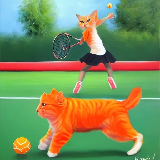 Image similar to Twee katten spelen tafeltennis voor oranje achtergrond, oil painting