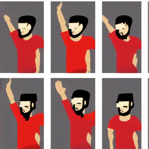 Prompt: an animation of the same man waving his arm from left to right in digital frame by frame, separated into equally sized frames, from'animation types'