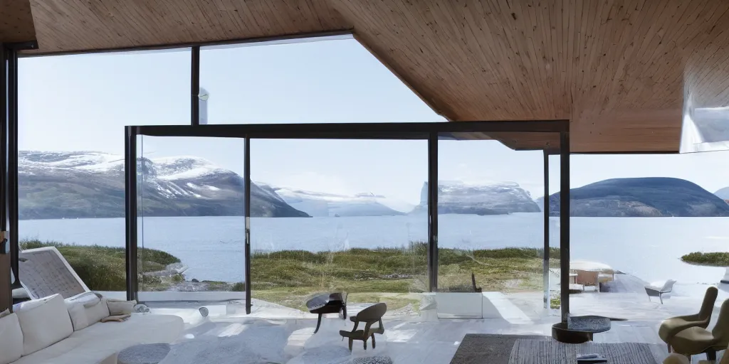 Image similar to modern norwegian fjord beach house designed by norman foster, contemporary architecture, photography