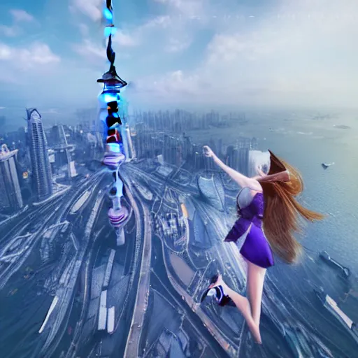 Image similar to a girl flying upon shanghai lujiazui, cityscape, cloud day, artstation, 8 k