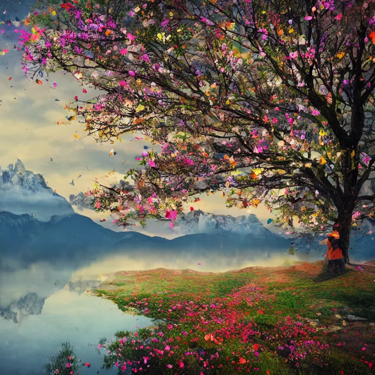 Image similar to a beautiful awesome artistic tree with falling flowers like leaves and many birds, all in the amazing outdoors view, mountain in the background, lake, long exposure, 8 k resolution, trending on artstation